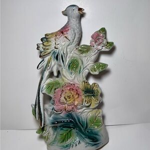 Vintage Porcelain Bird Figurine Floral Tree Gold Trim Hand Painted